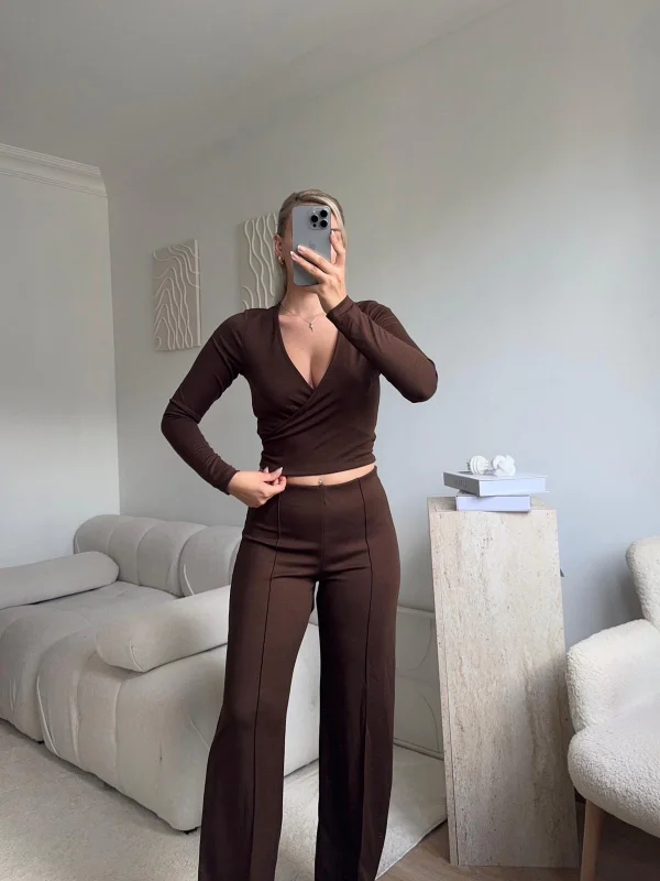 Kruvaze Bağlamalı Crop & Pantolon Takım - KAHVE