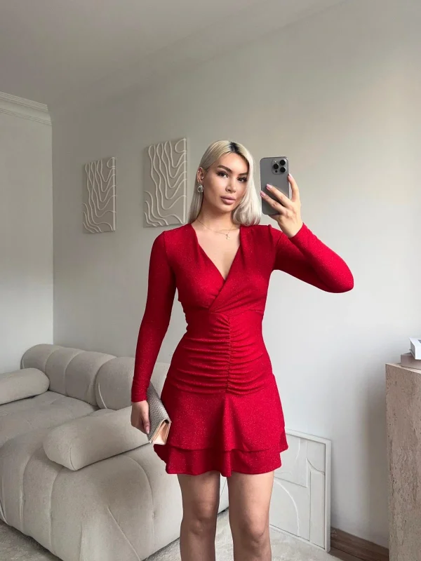 Kruvaze Bel Büzgü Simli Elbise - KIRMIZI