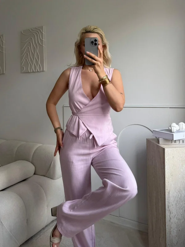 Kruvaze Bluz Pantolon Takım - PEMBE