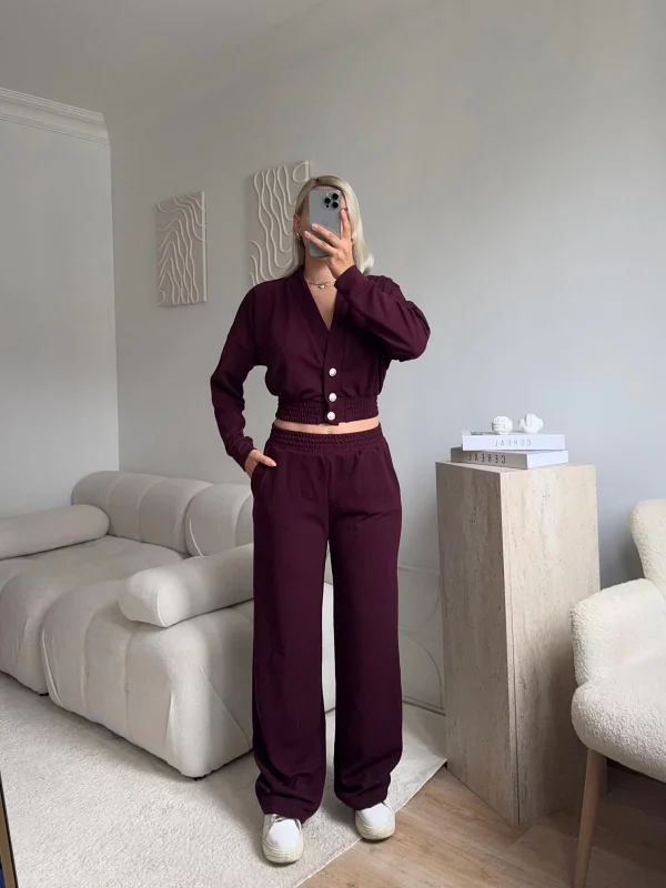 Kruvaze Hırka & Pantolon İkili Takım - BORDO