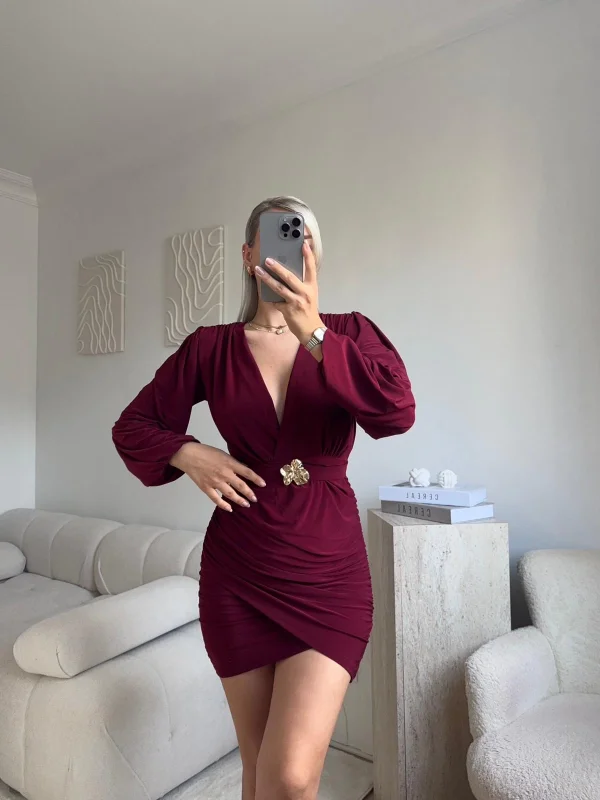 Kruvaze Önü Tokalı Elbise - BORDO