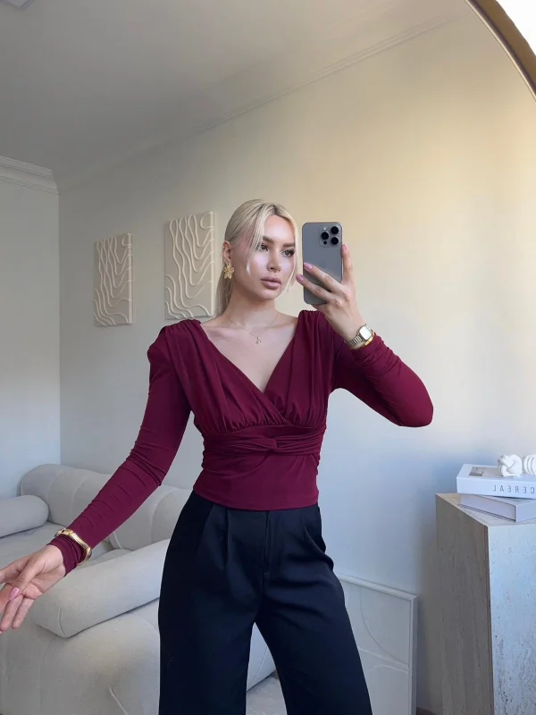 Kruvaze V Yaka Uzun Kollu Bluz - BORDO