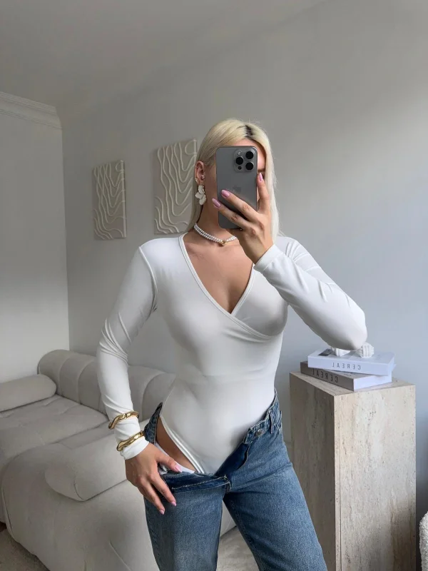 Kruvaze Yaka Bodysuit - BEYAZ
