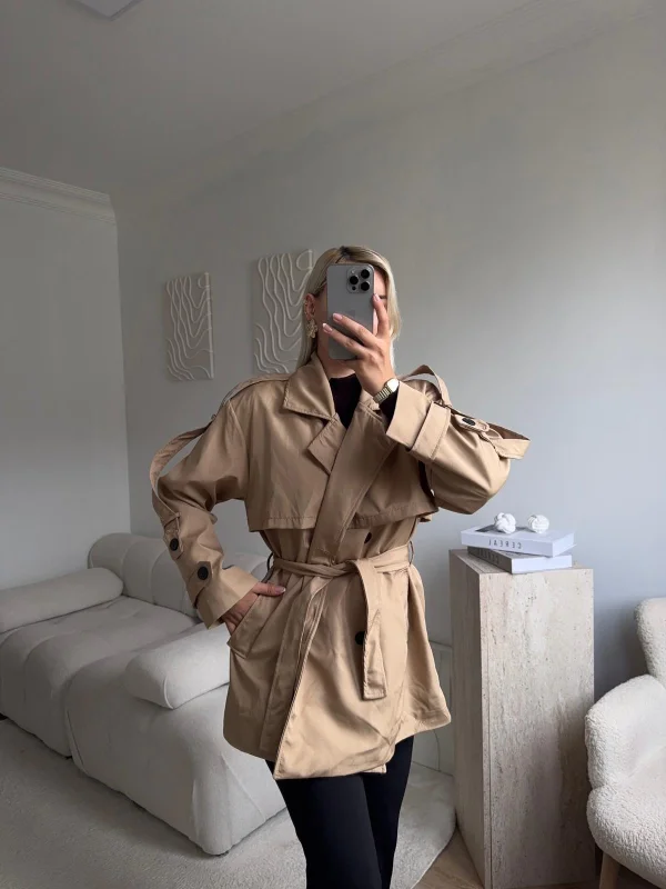 Kuşaklı Midi Trençkot - BEJ