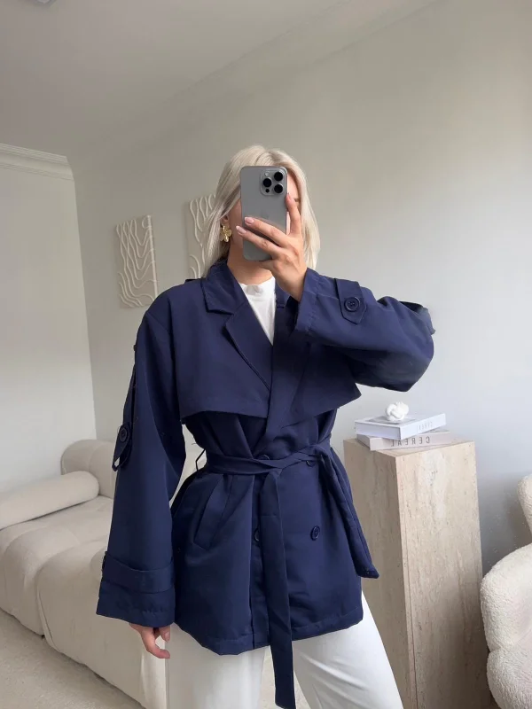 Kuşaklı Midi Trençkot - LACİVERT