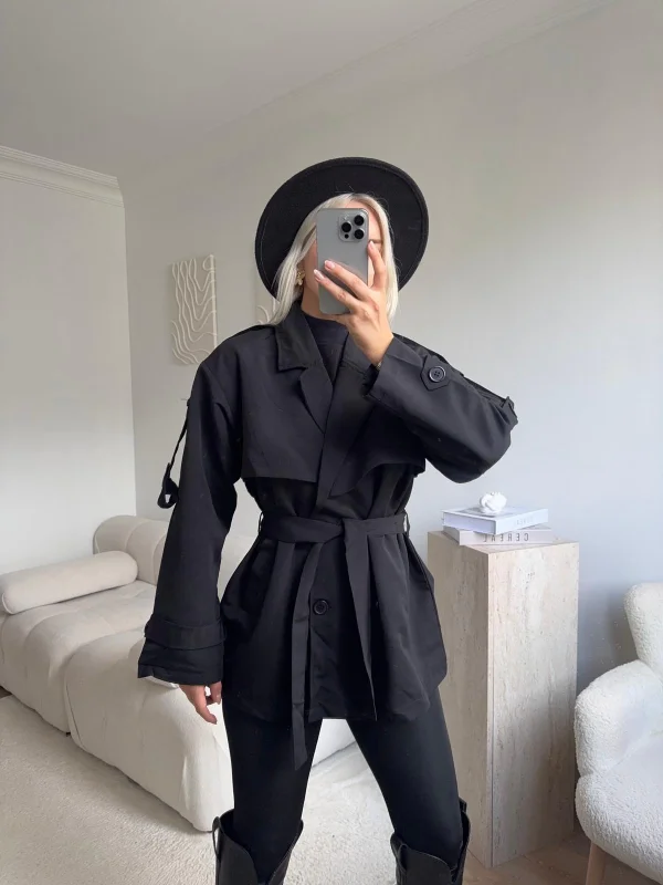 Kuşaklı Midi Trençkot - SİYAH