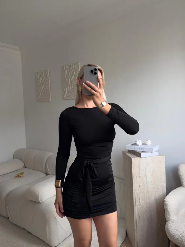 Kuşaklı Sandy Elbise - SİYAH