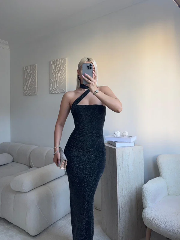 Kuşaklı Straplez Simli Elbise