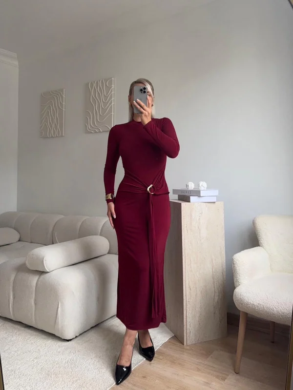 Kuşaklı Toka Detay Elbise - BORDO