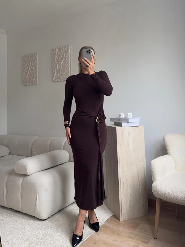 Kuşaklı Toka Detay Elbise - KAHVE