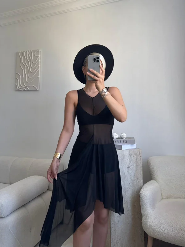 Kuşaklı Tül Pareo - SİYAH