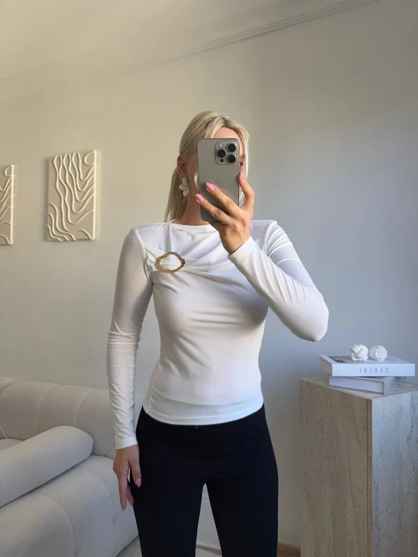 Luna Toka Detaylı Drapeli Bluz - BEYAZ