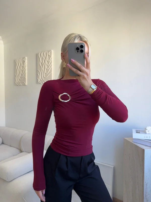 Luna Toka Detaylı Drapeli Bluz - BORDO