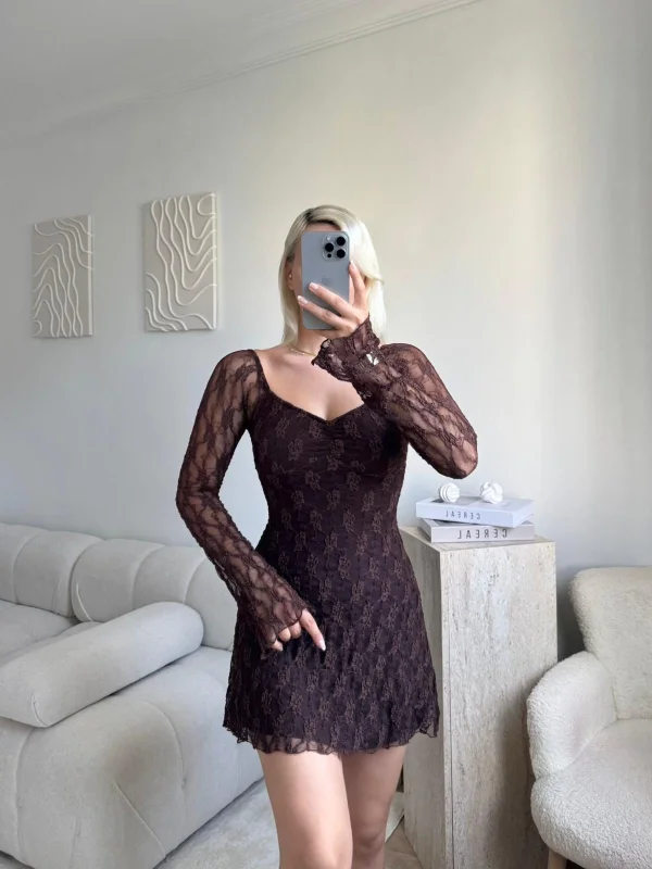 Madonna Yaka Dantel Astarlı Elbise - KAHVE