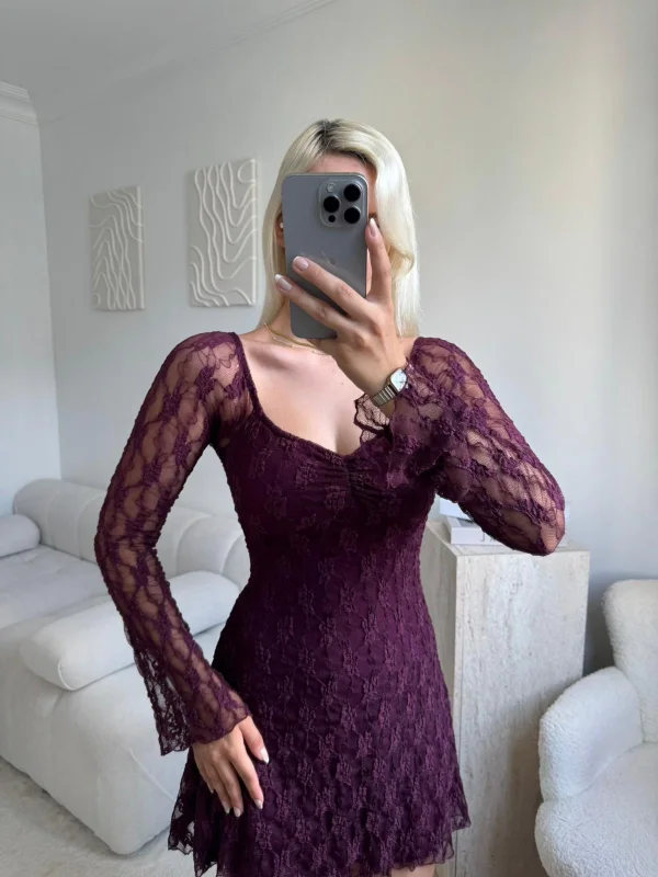 Madonna Yaka Dantel Astarlı Elbise - MOR