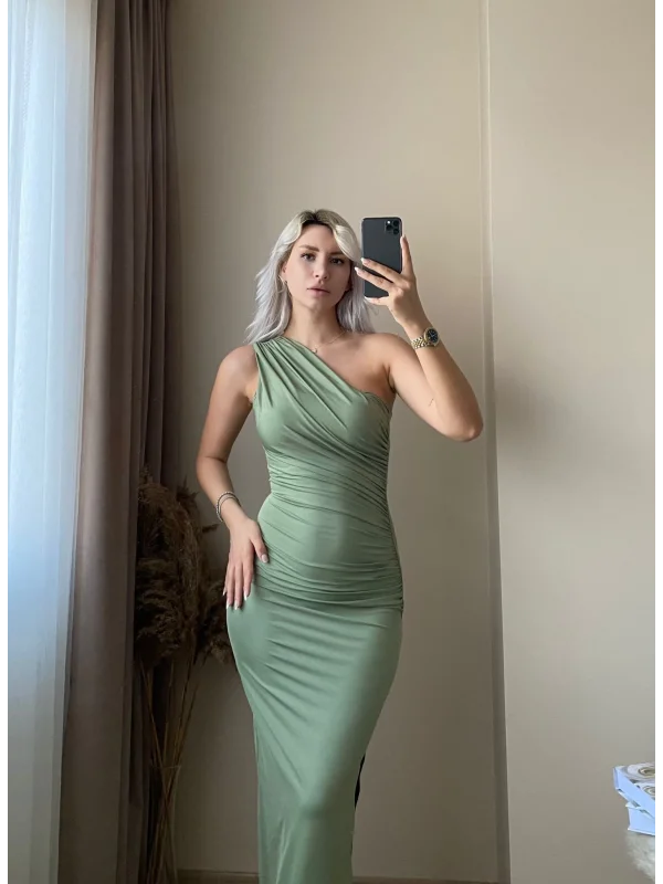 Omuz Detay Drapeli Elbise-Yeşil