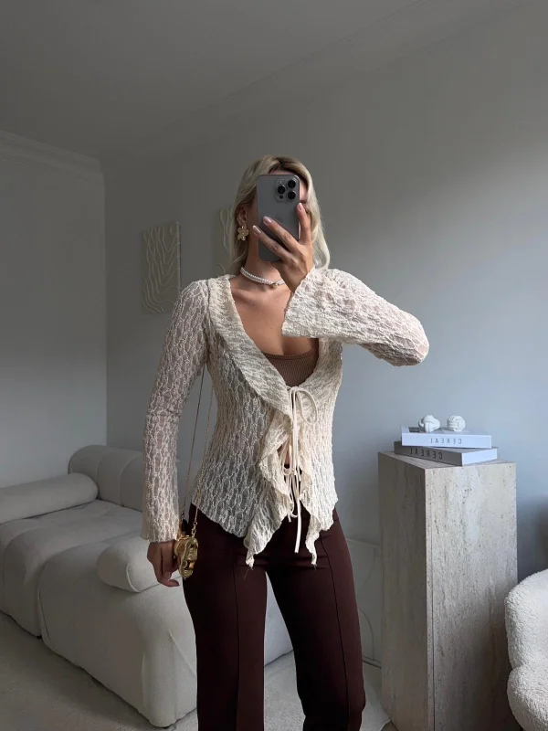 Ön Bağlamalı Dantel Hırka - BEJ