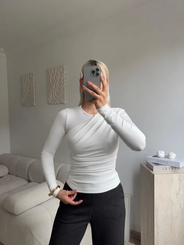 Ön Drapeli Çift Kat Bluz - BEYAZ