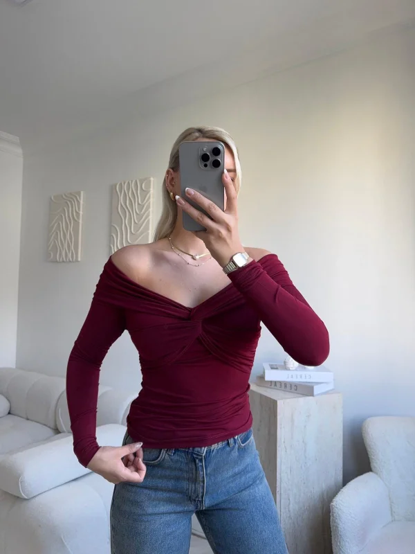 Önü Drapeli Madonna Bluz - BORDO