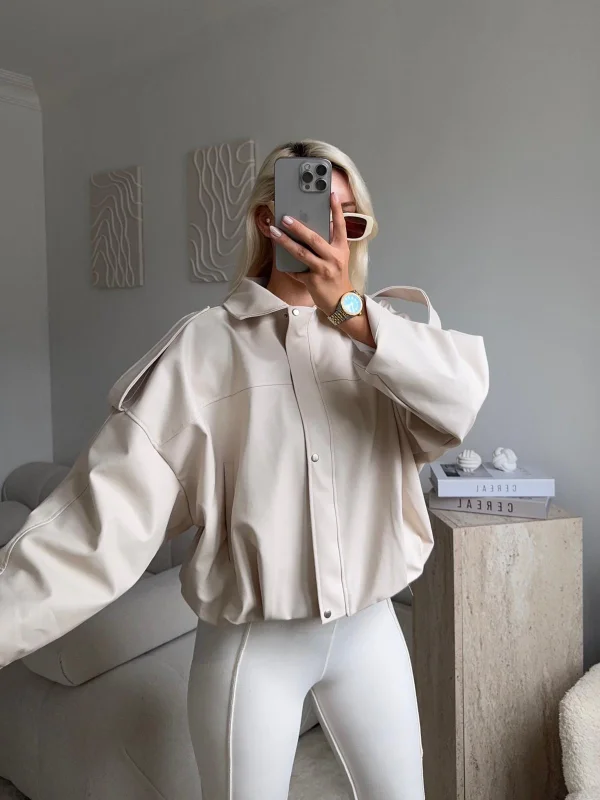 Oversize Bel Lastik Deri Ceket - BEJ