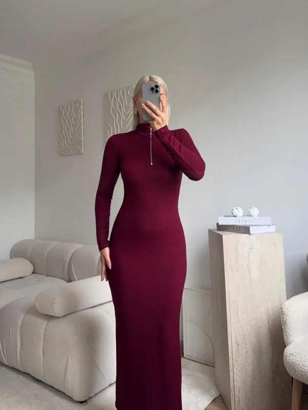 Fermuar Detay Elbise - BORDO