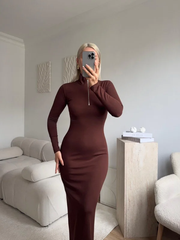 Fermuar Detay Elbise - KAHVE