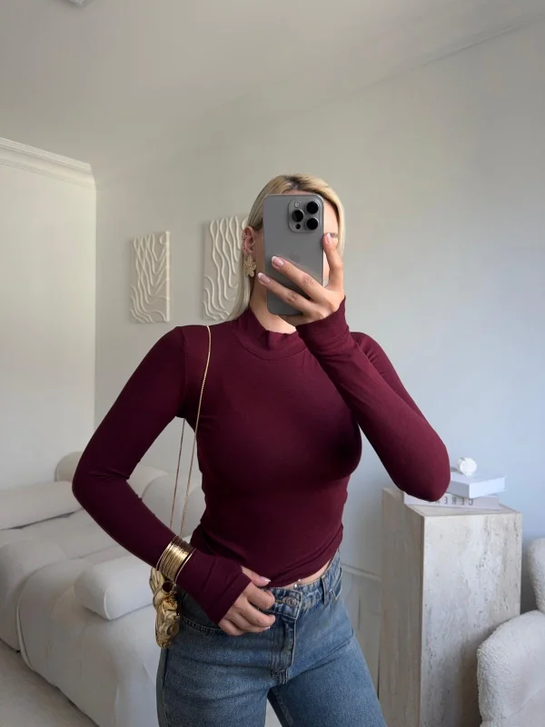 Parmak Geçmeli Premium Kumaş Bluz -BORDO