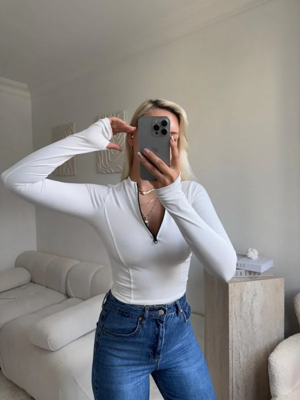 Parmak Geçmeli Fermuar Crop - BEYAZ