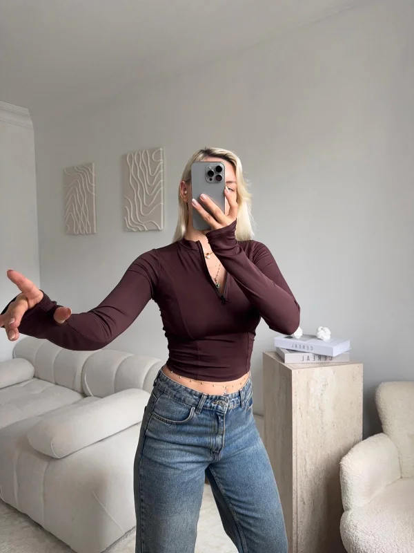 Parmak Geçmeli Fermuar Crop - KAHVE