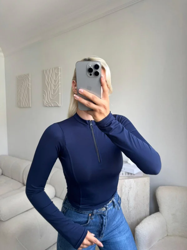 Parmak Geçmeli Fermuar Crop - LACİVERT