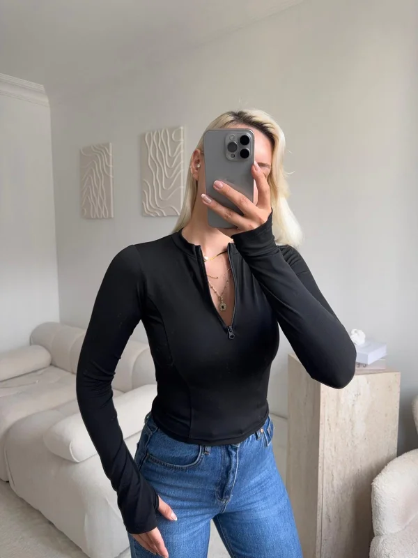 Parmak Geçmeli Fermuar Crop - SİYAH