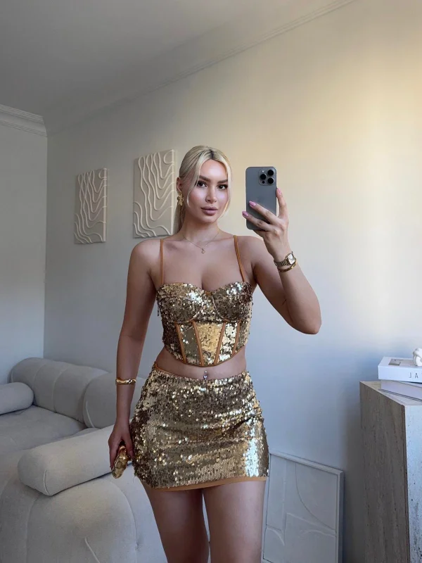 Payetli Askılı Büstiyer ve Mini Etek Takımı - GOLD