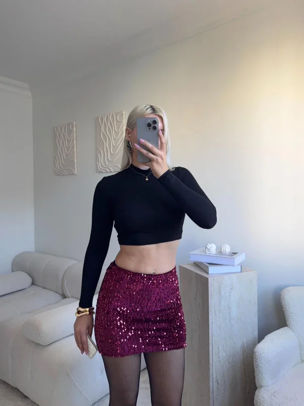 Payetli Şort Etek - BORDO