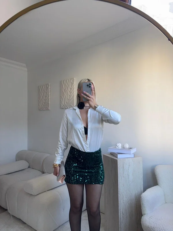 Payetli Şort Etek - YEŞİL