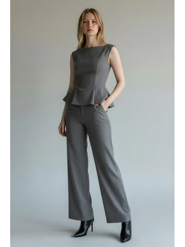 Peplum Detaylı Bluz ve Yüksek Bel Palazzo Pantolon Takım - GRİ