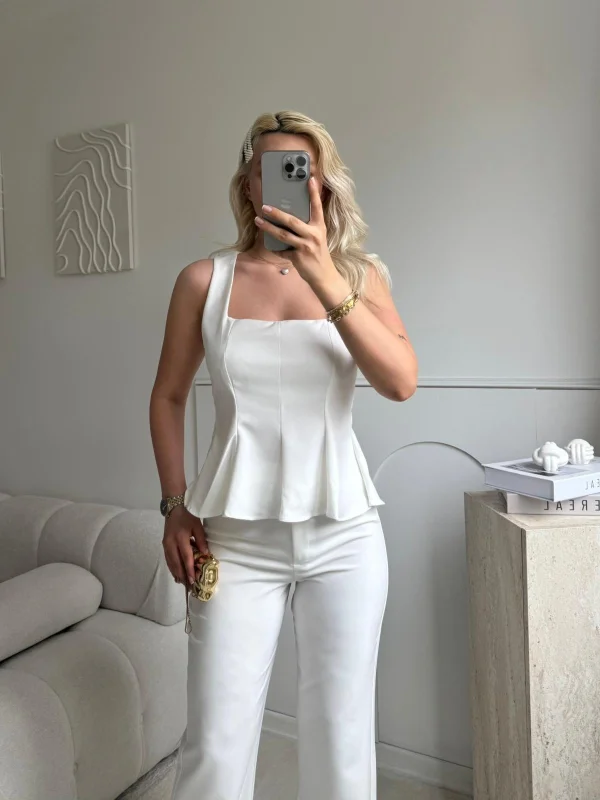 Premium Volanlı Pantolon Takım - BEYAZ