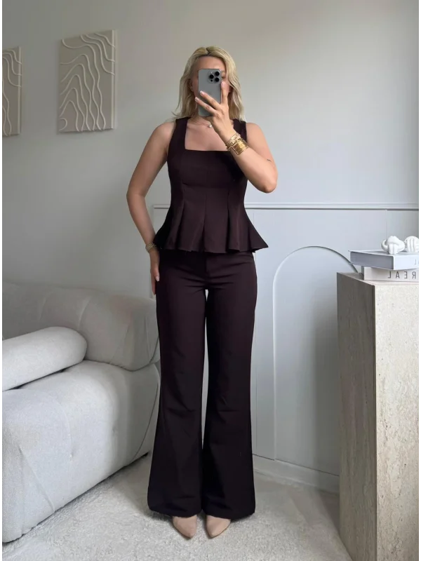 Premium Volanlı Pantolon Takım - KAHVE