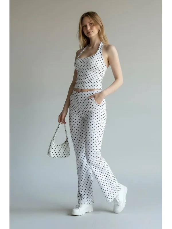 Puantiyeli Halter Yaka Crop Top Pantolon Takım