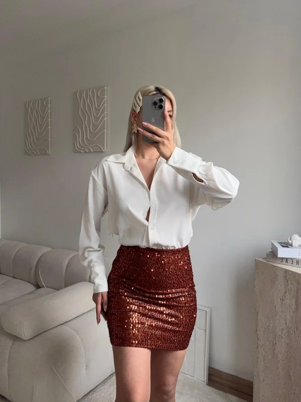 Pul Payet Etekli Gömlek Elbise - BEYAZ