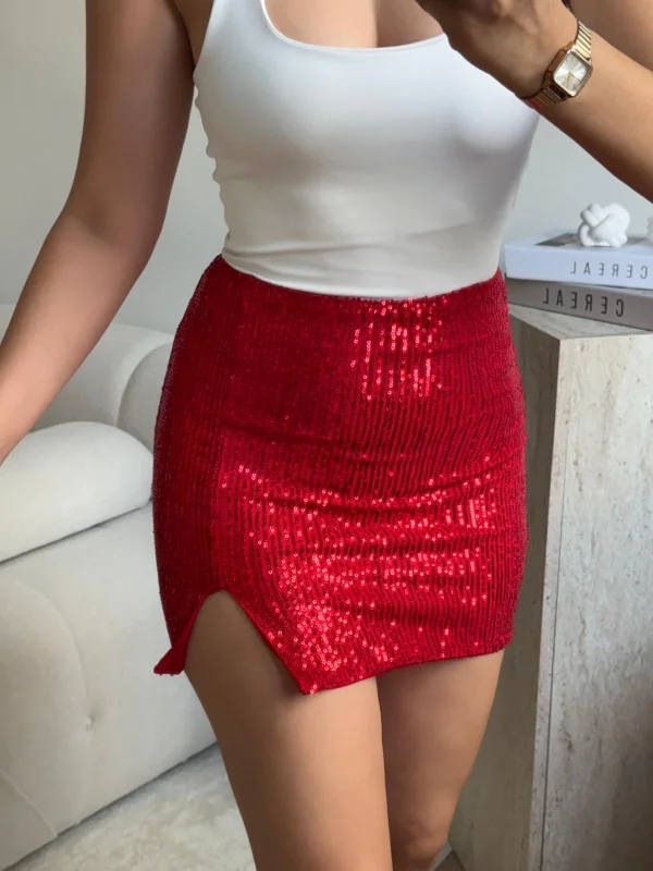 Pul Payetli Yırtmaçlı Mini Etek - KIRMIZI