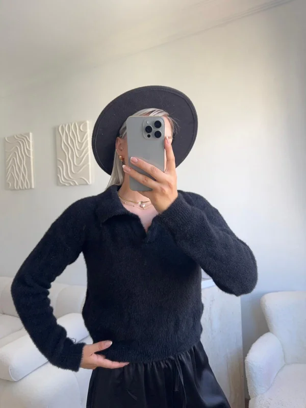 Premium Polo Yaka Crop - SİYAH