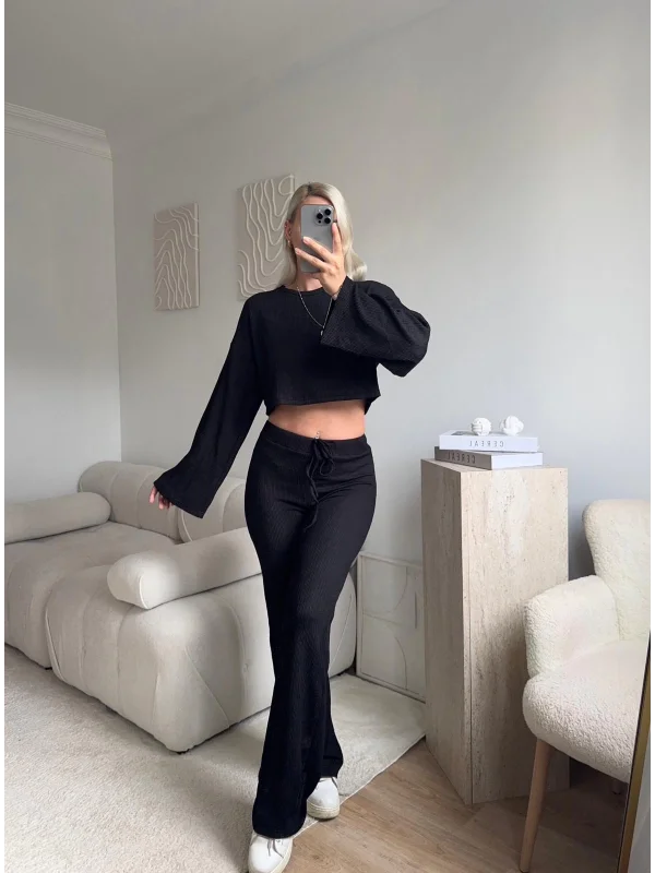 Salaş Crop & Pantolon Takım - SİYAH