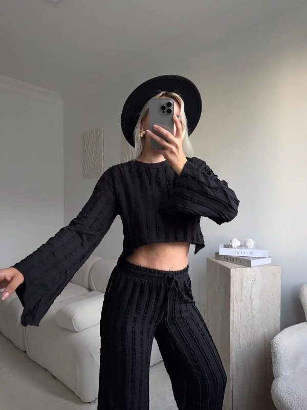 Salaş Crop & Pantolon Takım - SİYAH