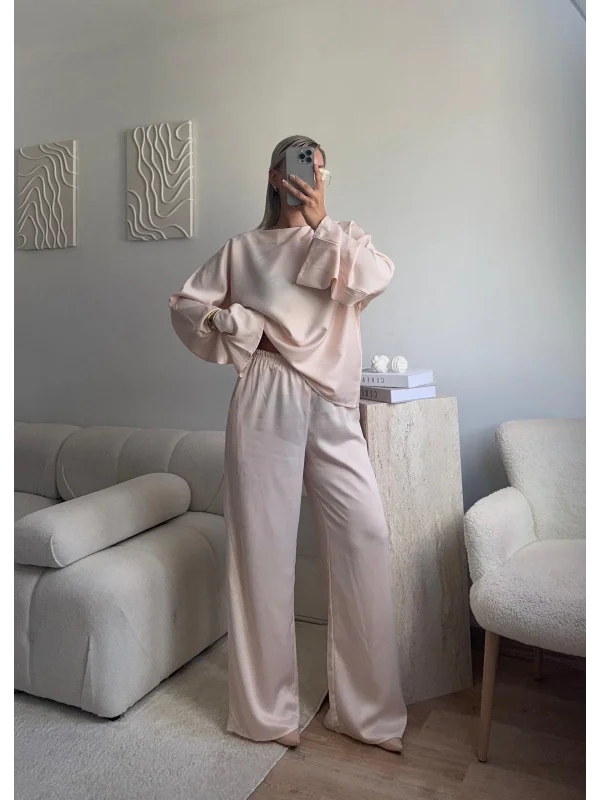 Saten Oversize İkili Takım - BEJ