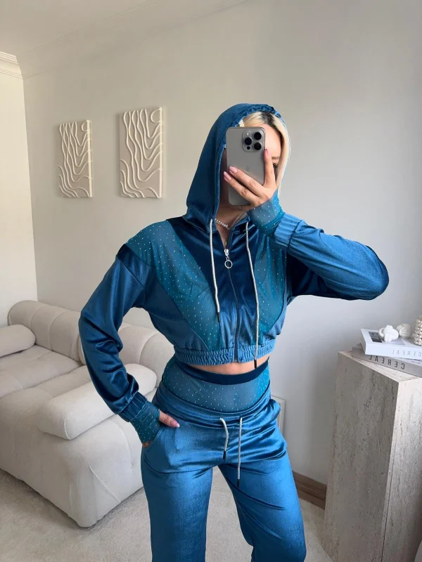 Şifon Detay Taşlı İkili Takım - MAVİ