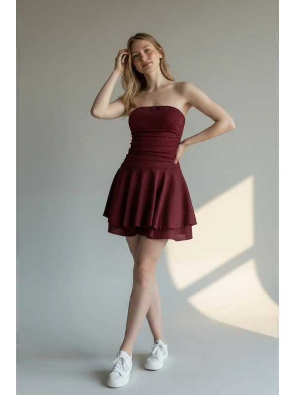 Simli Straplez Şortlu Elbise - BORDO