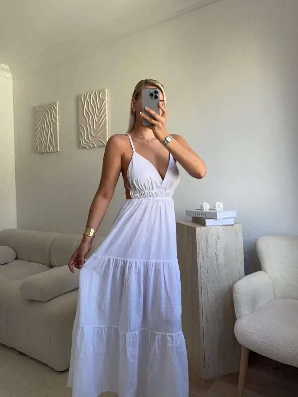 Sırt Çapraz Askılı Elbise - BEYAZ