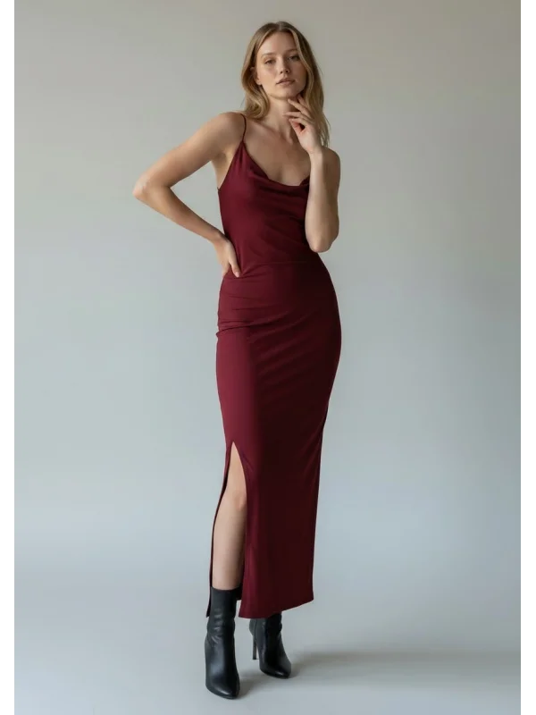Sırt Çapraz Degaje Askılı Elbise - BORDO