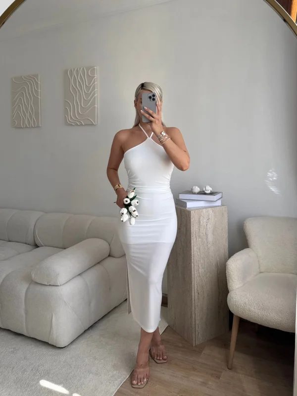 Sırt Dekolte Halter Yaka Elbise - BEYAZ
