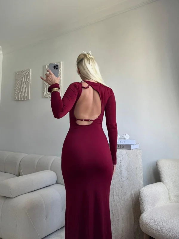 Sırt Dekolte Long Elbise - BORDO